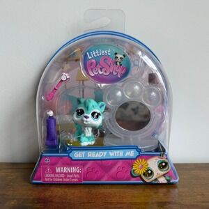 New Littlest Pet Shop LPS 445 Blue Wolf Dog Get Ready With Me Accessories